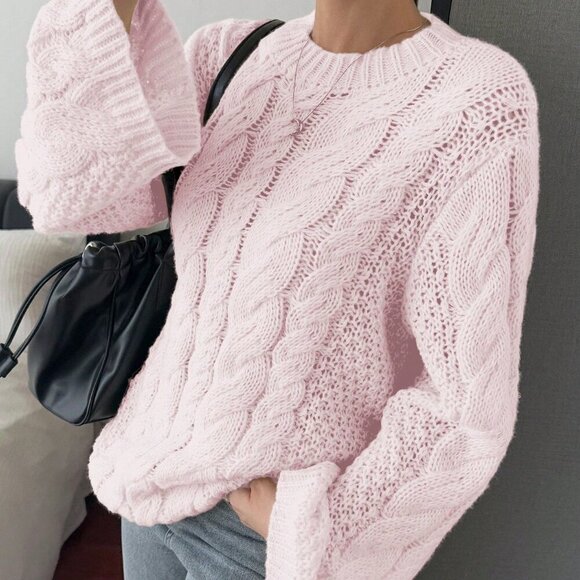 Pink Casual Women's Hemp Pattern Round Collar Wide Sleeve Long Sleeve Sweater - Picture 5 of 9